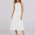 Naiste vabaaja &uuml;mara kaelusega midi kleit, p&otilde;hiline klassikaline v&auml;ljas igap&auml;evane varrukateta lahtine boho sidumiskleit, suvine rannakleit L armee roheline v&auml;rv