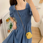 Korean Puff Sleeve Square Collar A-Line Summer Dress (Medium-Length) M