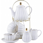 Portselanist teekomplekt - 8 untsi valge kohvitass/teetass, alustass, lusikad, teekann ja koorekannu komplekt, 17 osa (FD-TW17PC KOMPLEKT, Valge) Serve of 4 valge