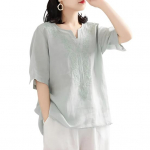 Women Tops V-Neck Short Sleeve Embroidery Flower Pattern Pullover Tops Solid Color Loose Fit Casual T-shirt Daily Wear L heleroheline v&auml;rv