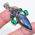 Natural Labradorite, Diopside 925 Sterling Silver Jewelry Pendant 2.32 d1h81