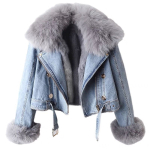 S&uuml;gis Talvine Eemaldatav Kunstrebane K&uuml;&uuml;likukarvaga Sisemine Vooder Denim Jakk Naiste L&uuml;hike Top Naiste Soe Parka &Uuml;ler&otilde;ivas L sinine