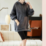 Pusa naistele Puuvillast Suurem Kapuutsiga Fliis Paksustatud Lai &Uuml;mara kaelusega Vabaaja Pullover Pikkade varrukatega Top Pusa XXXL hall