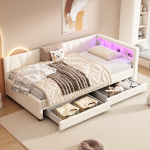 Diivanvoodi, 90*200cm, Voodi hoiuruumiga, USB+Type C, LED-valgusriba, Voodi kahe sahtliga, Voodi lipprestiga (ilma madratsita), Linane, Beež 210 x 94.5 x 71 cm beež