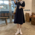 Kleit Naistele Peter Pan krae Midi 3 v&auml;rvi Preppy Puff Sleeve College Retro Armas armsad T&uuml;drukud Puhkus Pehme disain Sundress Ins S tumesinine v&auml;rv
