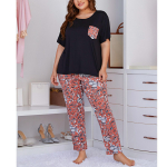 Naiste suures suuruses l&uuml;hikeste varrukatega tee ja p&uuml;kstega pidžaamakomplekt Pehme armas PJ T-s&auml;rk ja pikad p&uuml;ksid 2-osalised salongir&otilde;ivaste komplektid magamiskost&uuml;&uuml;m &Ouml;&ouml;rided 1XL-4XL 1XL must/oranž