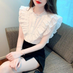 2023. aasta mood, elegantsed valged varrukateta topid, suvised naise volangid, kael, lendav varrukas, &scaron;ifoonpluusid Korea r&otilde;ivad 27482 S valge