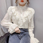 Moodne volang&otilde;mblus Elegantne pitspluus pikkade varrukatega lahtised &scaron;ifoons&auml;rgid korea stiilis krae plisseeritud top Blusas 15832 S aprikoosi