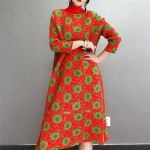 Naiste kleit Retro lilleline plisseeritud kleit s&uuml;gises avara pikkade varrukatega kleit O-kaelusega vabaaja keskmise ja pika alusega seelik M punane