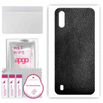 apgo Protective Skin Sticker for the back compatible with Samsung Galaxy A01, Wrap Film, Foil, Vinyl - Pattern Black Leather