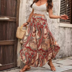 Boho Print pikad p&uuml;ksid naistele Ebaregulaarsed elastsed k&otilde;rge v&ouml;&ouml;kohaga laia s&auml;&auml;rega pikad p&uuml;ksid vabaaja mood hingav kerge puhkuse pluss pikad p&uuml;ksid L
