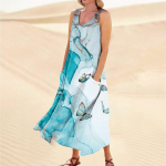 Naiste suvine vabaaja moekleit prindiga varrukateta &uuml;markaelusega taskukleit L sinine