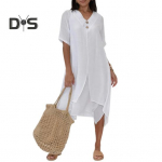 Naiste vabaajakleit V-kaelusega l&uuml;hikeste varrukatega n&ouml;&ouml;pidega Dekoratiivne midikleit, &uuml;hev&auml;rviline ebaregulaarne &auml;&auml;ris Kaheosaline v&otilde;ltskleit S must