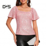 Naiste pluusid, kandilise kraega puhvis l&uuml;hikeste varrukatega, litritega pluusid, s&auml;deleva people'i pluusid, &otilde;htupeople pluusid S roosa