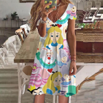 Suvine Naiste Uus Kleit Disney Printsess Alice Imedemaal Prindiga V-kaelusega L&uuml;hikeste Varrukatega Kleit Naiste R&otilde;ivad Vabaaja T&auml;navastiil M