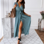 IHUASU Suvine l&uuml;hikeste varrukatega V-kaelusega Bohemian Polka Dot Print Kleit pikk seelik S