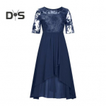 Naiste lillelise pitsiga midi kleit suvine &uuml;mara kaelusega &scaron;ifoonist A-l&otilde;ikeline kleit kokteilipidudeks, &otilde;htuseks &uuml;rituseks, pikk kleit pulmak&uuml;lalisele, pruutneitsile, peole M