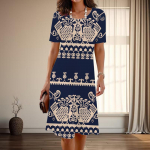 Naiste Mood Graatsiline Retro Mustriga Suvine Kevadine L&uuml;hikeste Varrukatega O-kaelusega Vabaaja Kleit XS sinine