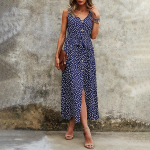 Suvise printiga pikk kleit naiste puhkuse stiil V-kaelusega varrukateta k&otilde;rge v&ouml;&ouml;kohaga sideme n&ouml;&ouml;p S-XXXL L