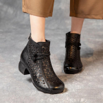 2025 Suvised Ehtsa Nahast Avatud Varba Perforeeritud Keskmise Kontsaga Sandaalid - Naiste Retro Paksukontsaga Martin Saapad. 40 must