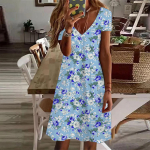 Suvemood naiste V-kaelusega l&uuml;hikeste varrukatega lillega tr&uuml;kitud kleit Seks-l&uuml;hikese seelikuga kleidid XS