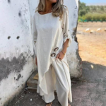 2 tk/komplekt Naiste top p&uuml;kste &uuml;likond, &uuml;heksandad varrukad mansetin&ouml;&ouml;biga, ebaregulaarne rebitud keskmise pikkusega pluus, laia s&auml;&auml;rega p&uuml;kste komplekt, igap&auml;evane vabaaja komplekt XXXL valge