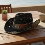 Tikitud kauboit&uuml;&uuml;r, dekoratiivne v&ouml;&ouml;, t&uuml;rkiissinine pael, vintage stiil Black