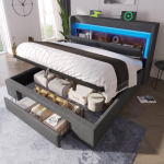 Polsterdatud voodi 180x200 cm h&uuml;draulilise panipaiga ja panipaiguga peatsiga, LED-valgustus, USB ja USB-C port, Hall, Linane, ilma madratsita 219 x 191 x 111 cm hall