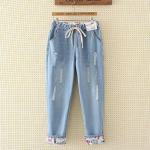 Naiste kevad ja s&uuml;gis suur k&otilde;rge v&ouml;&ouml;kohaga vabaaja p&uuml;ksid lahtised teksad Denim k&auml;rbitud p&uuml;ksid 4XL helesinine v&auml;rv