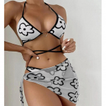 Seksikas m&auml;his lilleliste bikiinidega naiste ujumisriided Naiste ujumistrikoo Kolmeosaline bikiinikomplekt Sarongi ujumiskost&uuml;&uuml;miga S must