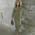 Kapuutsiga pikkade varrukatega Bodycon Maxi Kleit Moodne Tihe vabaaja T-s&auml;rk Kleit S&uuml;gistalvine Pikk Kleit Must Hall S gray