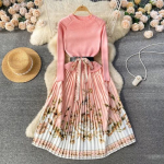 Uued kevads&uuml;gised naiste vintage kootud kampsun Patchwork Print peo plisseeritud kleidid S roosa