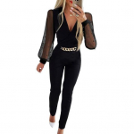 Naiste kombinesoon, roosa aplikatsioon, l&auml;bipaistev v&otilde;rkketiga dekoor Slim Fit V-kaelusega k&otilde;rge v&ouml;&ouml;koht soliidne M must