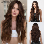 LOUIS FERRE Pruunid lainelised lokkis s&uuml;nteetilised parukad naistele Pikad tumepruunid naturaalsed juuksed igap&auml;evaseks kasutamiseks Kuumakindlad kiudparukad juustele