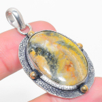 Natural Bumble Bee Jasper Stone Two Tone 925 Sterling Silver Pendant 1.97 z6n73