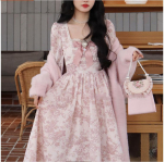 Roosa Kawaii Prantsusmaa Vintage Kleit Naistele Lilleprindiga Elegantne &Otilde;htupidu Midi Kleidid Pits Mull Varrukatega Retro Magus Kleit 2023 S roosa
