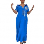 Suvine maksikleit t&otilde;mblukuga kapuutsiga, n&ouml;&ouml;riga l&uuml;hikeste varrukatega, avara &auml;&auml;risega, tr&uuml;kitud lapiga igap&auml;evane igap&auml;evane pikk kleit 2XL sinine