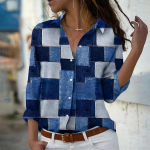 Denimprinteriga naiste pluus Kevads&uuml;gis Femme Office Lady Button Up Turn Down kraega s&auml;rgid 3XL tumesinine v&auml;rv