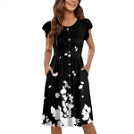 Naiste &uuml;mara kaelusega suvised k&auml;rbsevarrukad vabaaja tr&uuml;kitud vabade n&ouml;&ouml;pidega taskutega midikleidid L