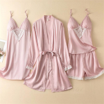 Kevadsuvi 4 tk pidžaamakomplekt Naiste pidžaama magamisriided Seksikas pitsist kimono hommikumantel &Ouml;&ouml;s&auml;rk lahtine siidist satiinist koduriided puhkeriided M