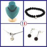 Pierres et Min&eacute;raux. Parure Bracelet Collier Boucles D'oreilles Puces 15 perles Lave 8 mm. Taille personnalisable.