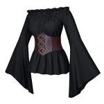 Naiste topp korsetiga, keskaegne piraat, &otilde;lalt avatud, ebakorrap&auml;rased puhvvarrukad, pluus, kroonleht S must