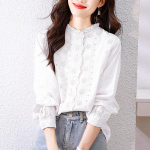 Naiste s&auml;rk Kevadine pitskrae aprikoos, pikkade varrukatega tikitud lilles&auml;rk XXL valge