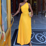 Naiste moekas &uuml;hev&auml;rviline vabaaja seksikas temperamendiga &uuml;he &otilde;laga kaldkrae plisseeritud v&auml;ljal&otilde;igetega kleit pikk kleit XL kollane