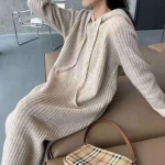 LYRIA Korea stiilis keskmise pikkusega kapuutsiga kootud kleit naistele, uus s&uuml;gis-talvine stiil, avar ja salendav, laisk pulloveri aluskiht kleit one size fits all aprikoosi