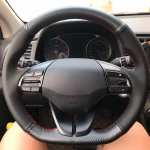 For Hyundai Veloster Elantra i30 2017- DIY Hand-sewing Black Carbon Fiber Leather Car Steering Wheel Cover Light Blue Thread