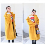 Naiste talvine soe kunstkarusnaha mantel Paks naiste pikk mantel Allaneelatud krae Naiste soe mantel v&ouml;&ouml;ga Casaco Feminino S kollane