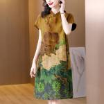 Hiina stiilis Cheongsami kleit Uus vintage mustriga keskmise pikkusega kunstitr&uuml;kiga kleit M