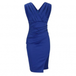 Naiste k&otilde;rge v&ouml;&ouml;kohaga, drapeeritud Midi-kleit V-kaelusega varrukateta, poolitatud k&uuml;ljeosaga &uuml;hev&auml;rviline kehakleit L sinine