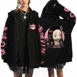 Anime Demon Slayer kapuutsiga dressipluusid Kamado Nezuko prindiga lukuga jakk hiphop t&auml;navamood dressipluusid naiste Harajuku vabaaja mantlid Y2K topid S